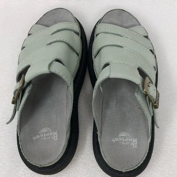 Dr. Martens Sandals Maxxy Buttery Soft Leather Sage Green Slides - Picture 4 of 15